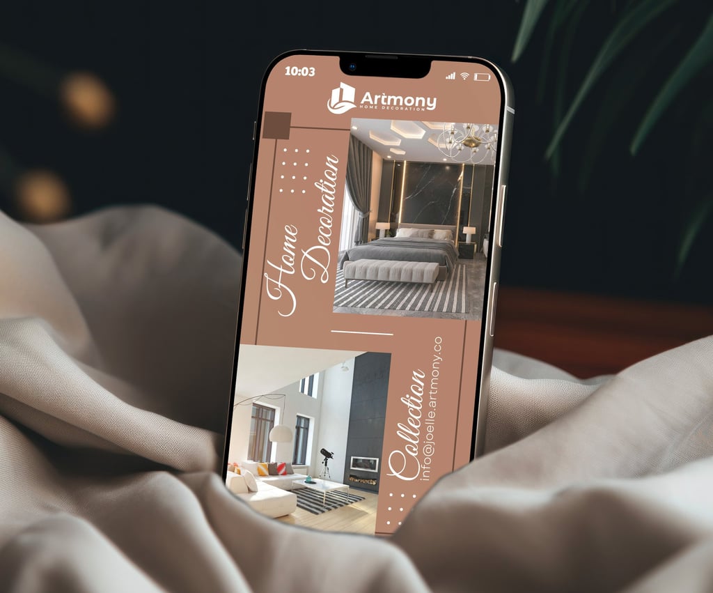 Smartphone affichant une application moderne de décoration intérieure et un logo