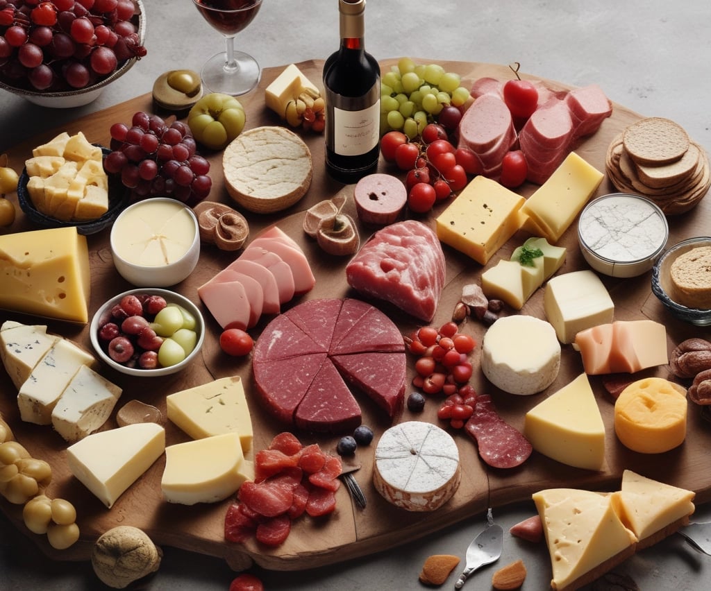 Close-up of artisanal cheeses with varied fillings on a rustic wooden board