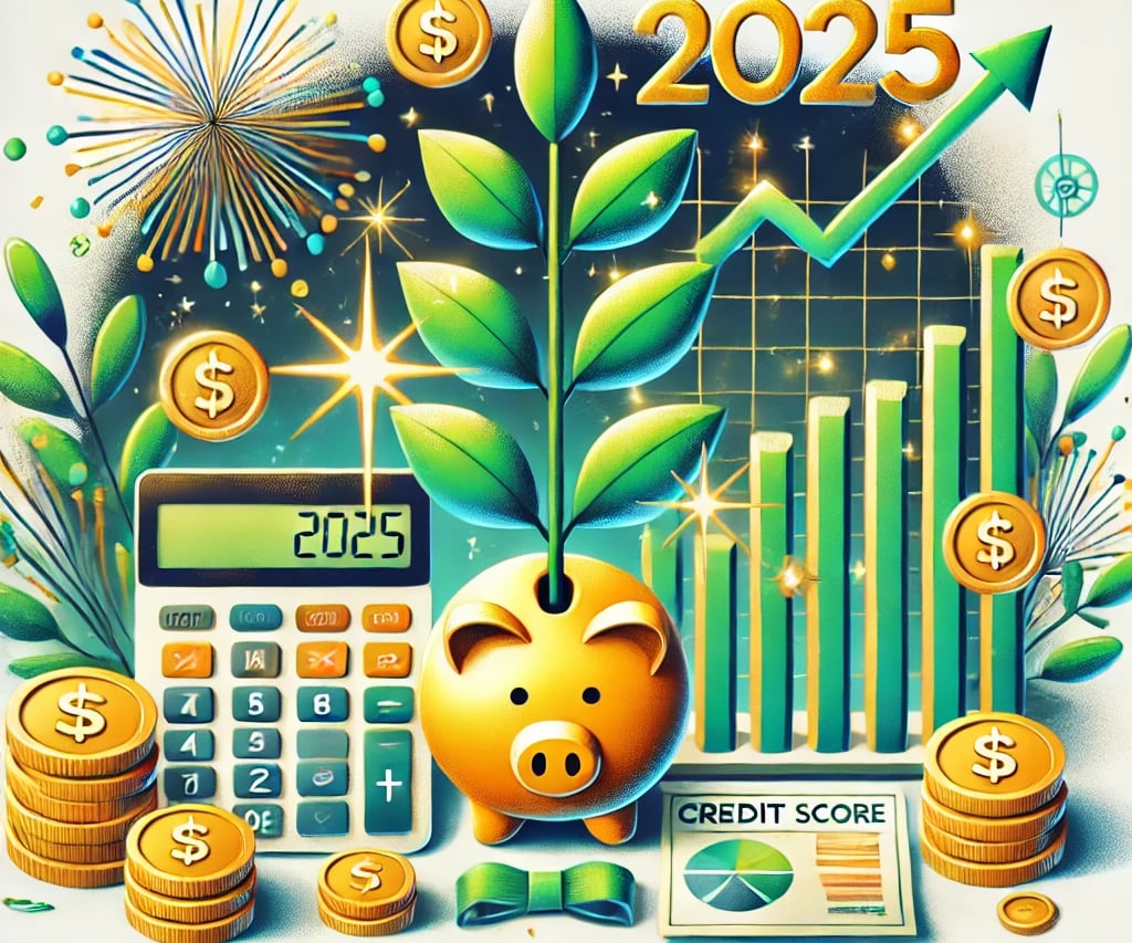 Festive New Year-themed digital illustration featuring a budget planner, credit score chart, calcula