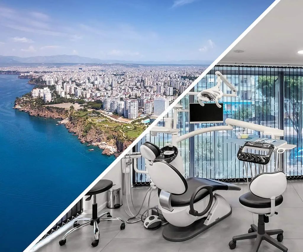 Poltrona in studio dentistico con vista su città di Antalya