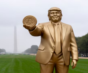 Estátua do Trump segurando o Bitcoin foi colocada na frente ao Capitólio em Washington