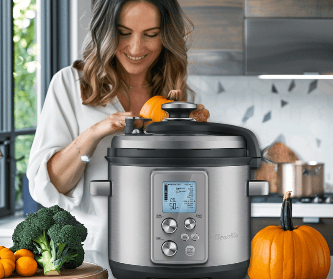 a woman is smiling while she is cooking in a slow cooker