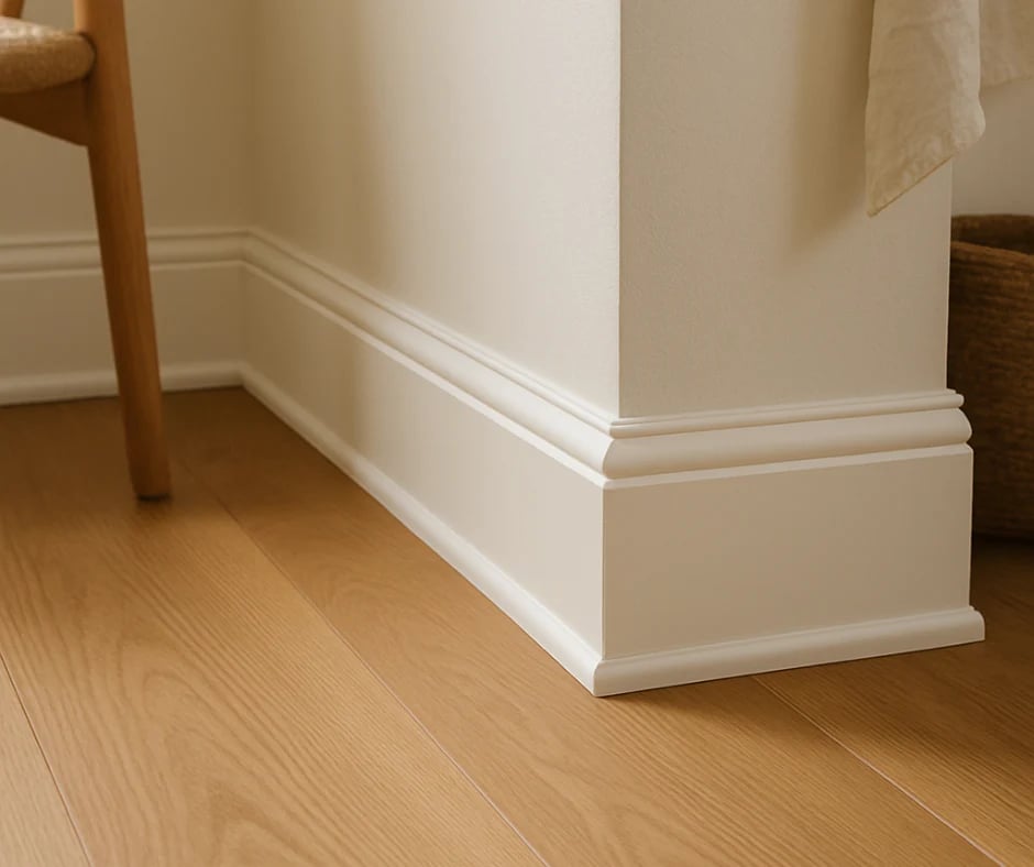 Clean baseboard corner installation with professional finish.