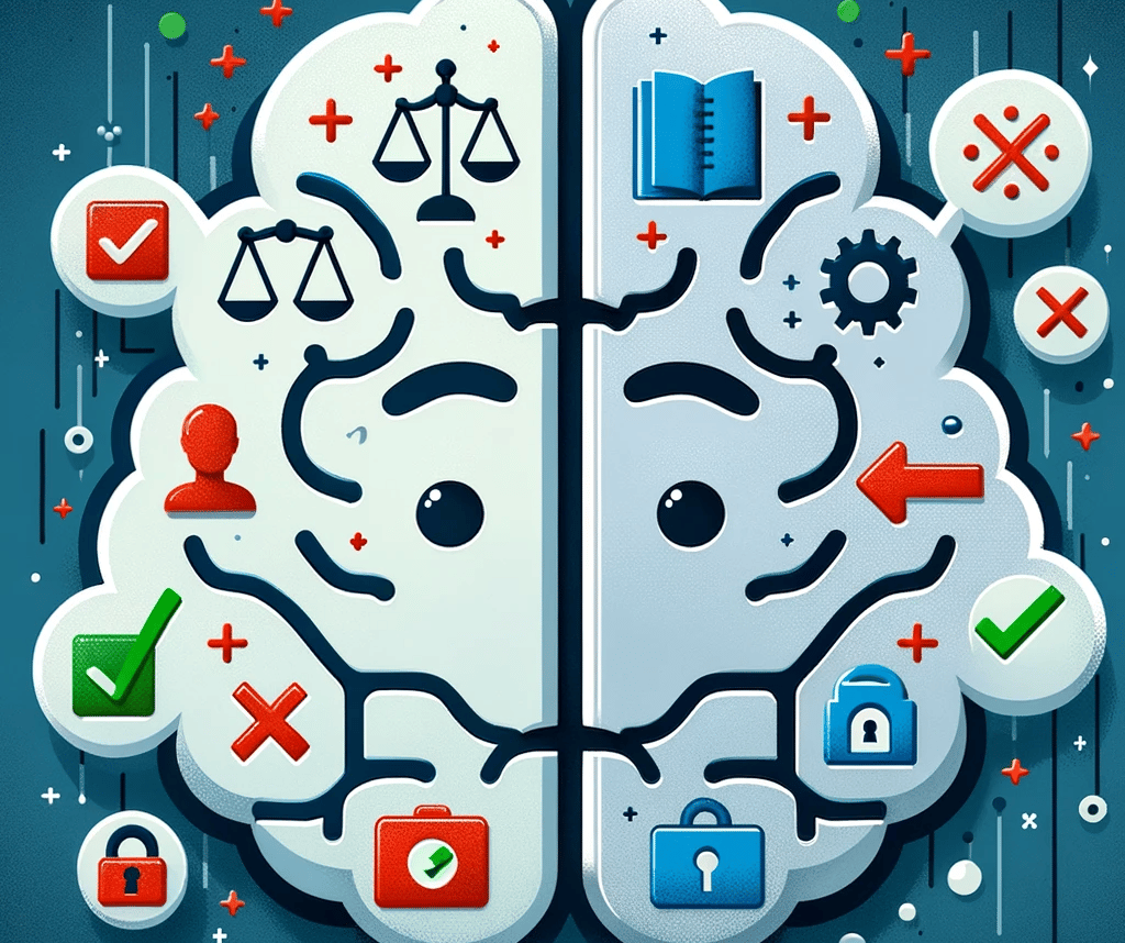 a digital AI brain displaying both ethical and unethical elements