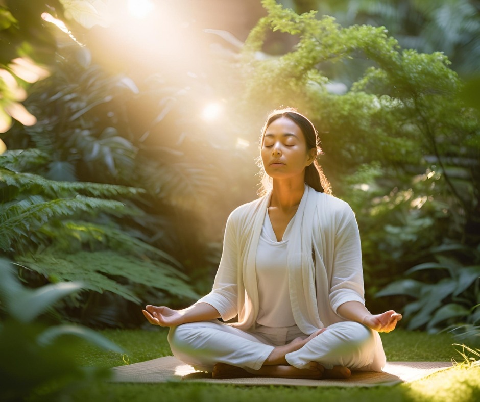 a woman sitting in a yoga pose