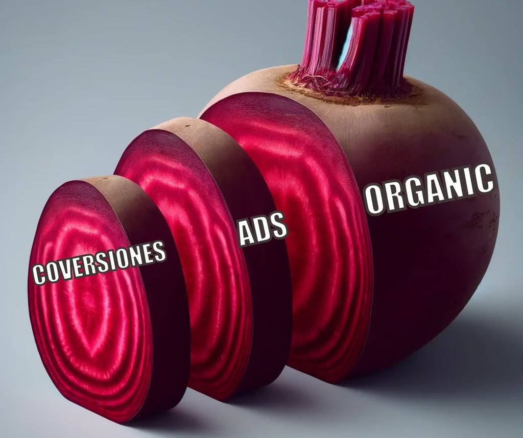 Una remolacha dividida en tres partes representando el marketing orgánico, el de pago y conversiones