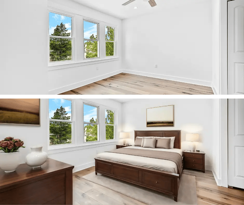 Before and after image of virtual staging transforming an empty bedroom into a cozy furnished space