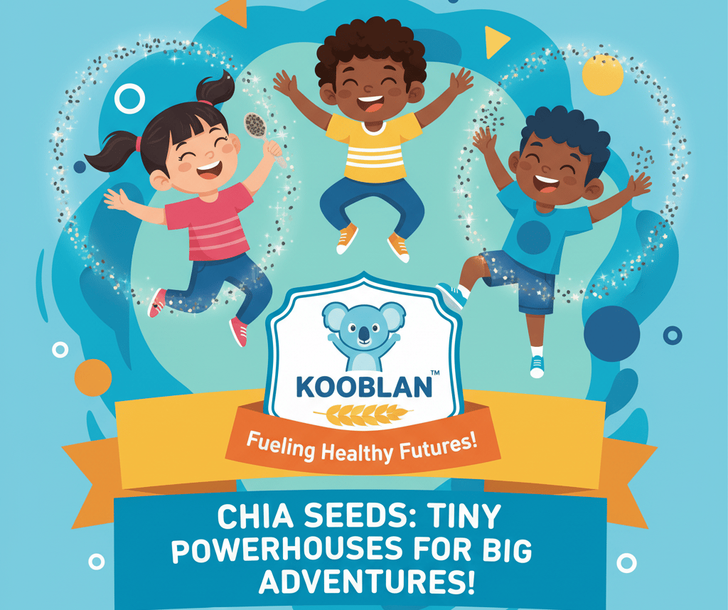 A diverse group of smiling children enjoying Kooblan bars, surrounded by animated "superhero" chia s