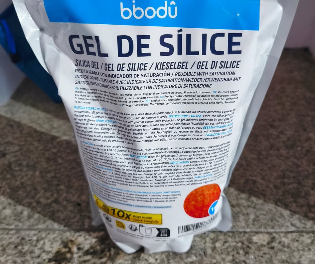 Embalagem de gel de sílica reutilizável para controlo de humidade com indicador de cor