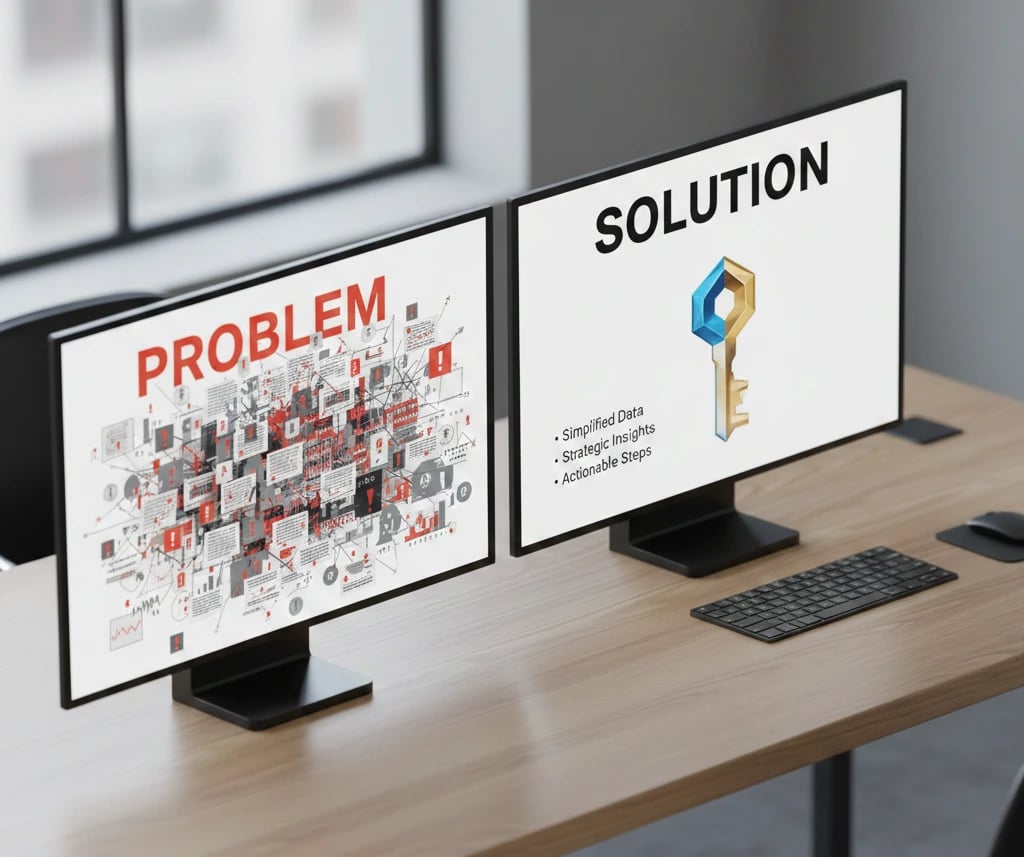 A split-screen comparison of common pitch deck mistakes; the left side shows a cluttered, text-heavy