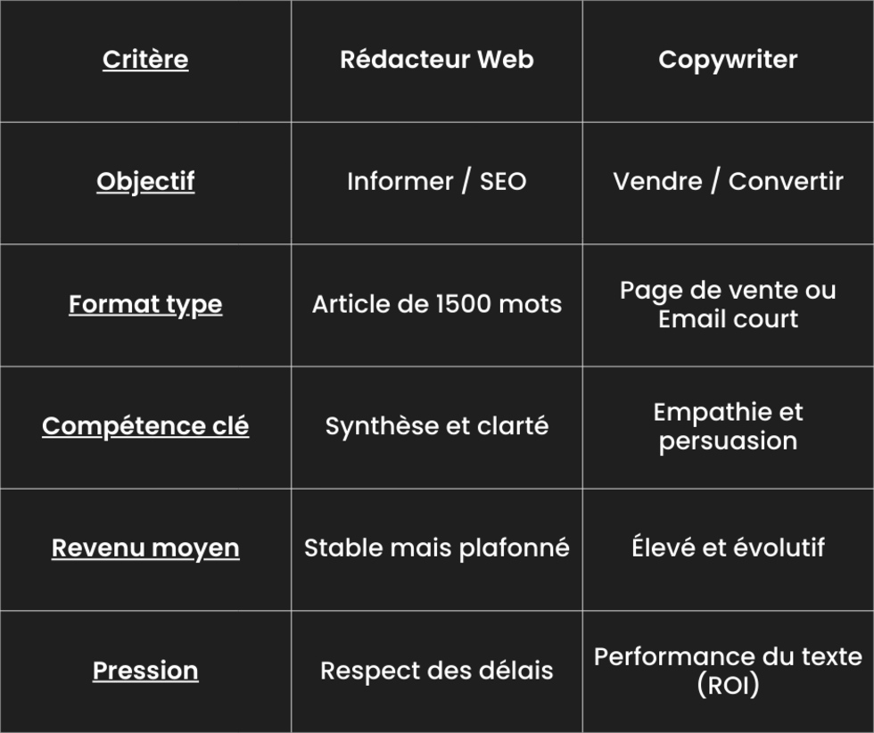Tableau comparatif Rédacteur web / Copywriter