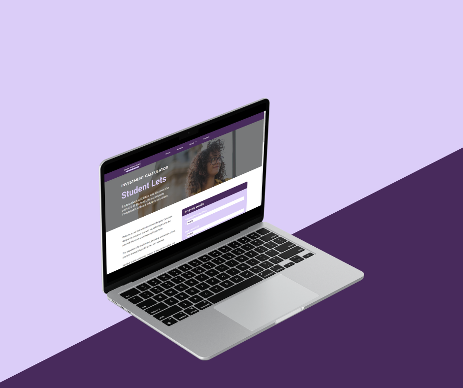 a laptop computer screen showing a website page on a purple background