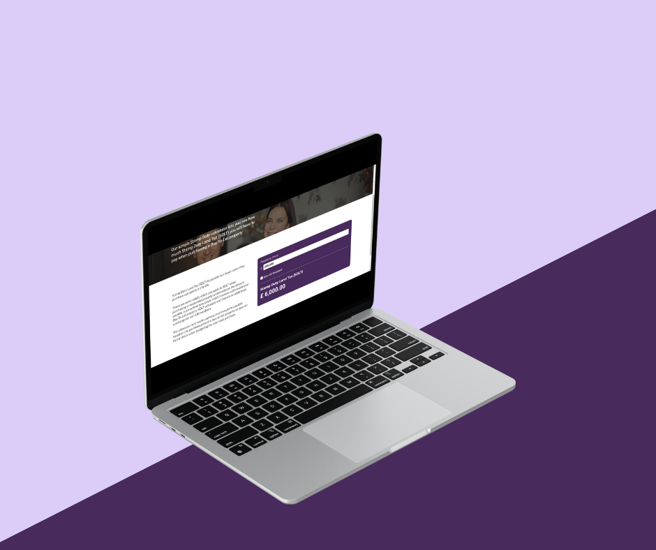 a laptop computer screen showing a website page on a purple background