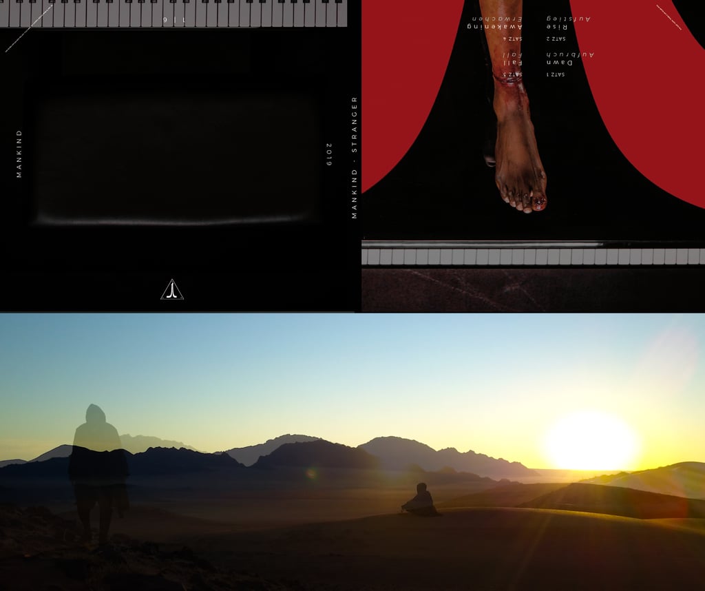 A Piaono seat and a photo of a person's foot, Mountains in the desert, sunrise