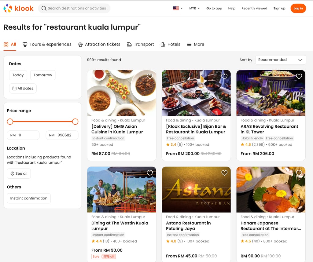 penyenaraian restoran di klook