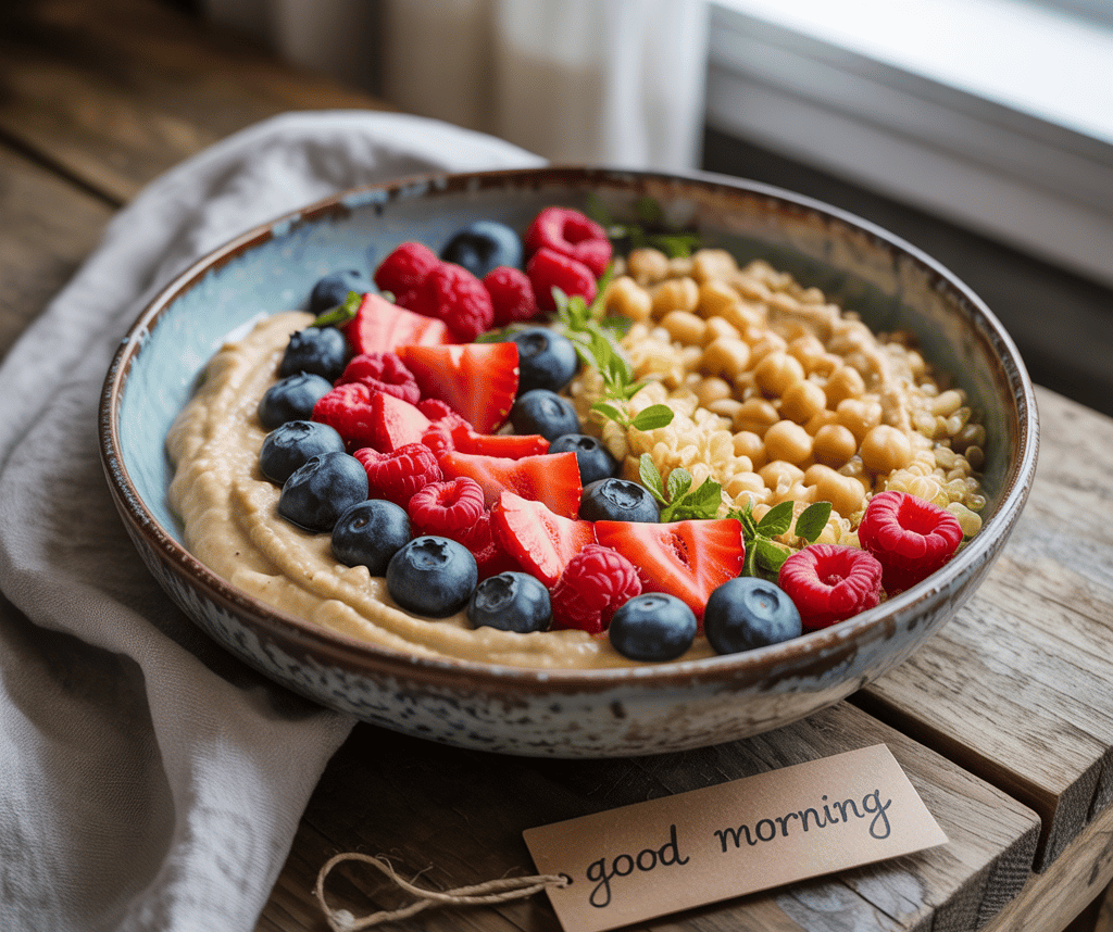 Sunrise Power Bowl with quinoa, chickpeas, avocado, berries, and hummus.