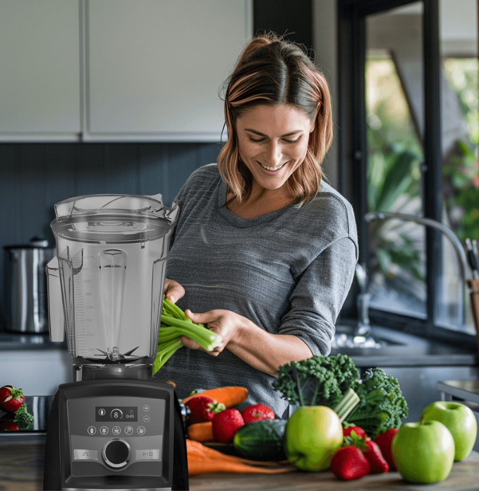 a woman is smiling while she is preparing to make a smoothie