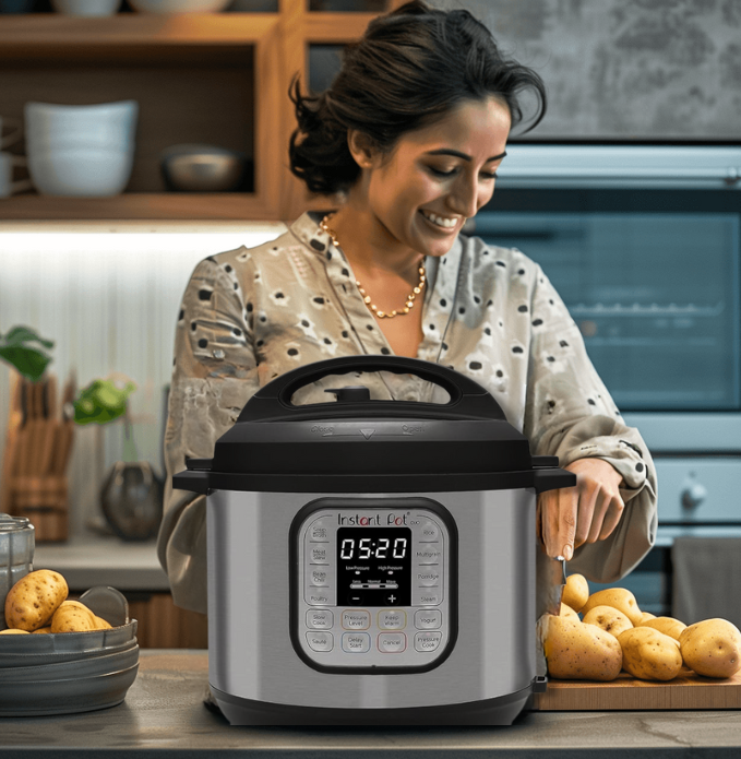 a woman is smiling and holding a potted potato potato soup