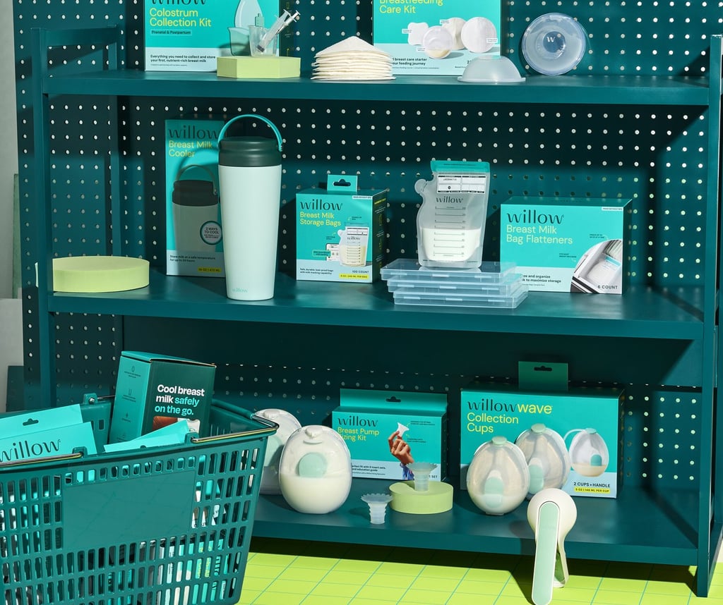 Willow breastfeeding accessories and breast pump kits displayed on teal shelves for nursing mothers.