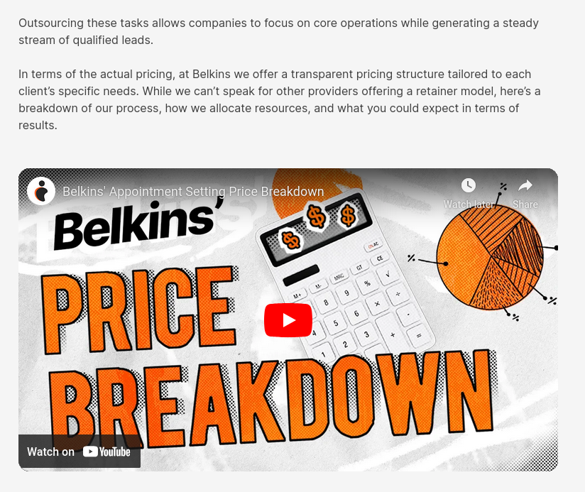 Screenshot of YouTube video embedded in the article, B2B Appointment Setting Costs & Pricing Models