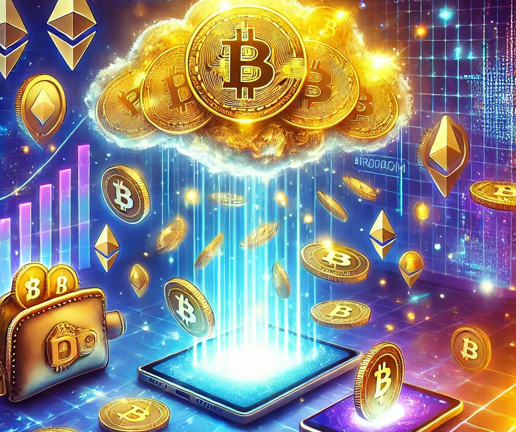 a cloud of bitcoin with bitcoins dropping