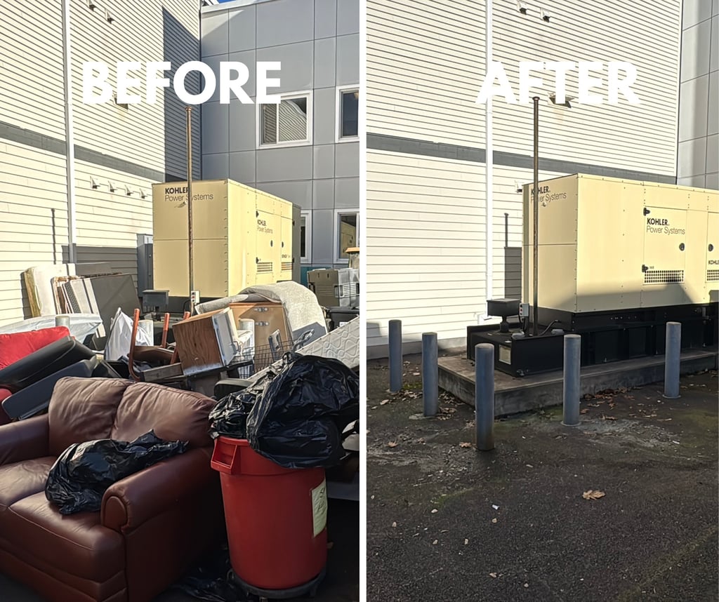 Before and after professional junk removal of furniture and trash near a commercial Kohler power generator.