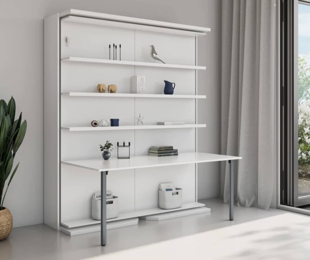 Convertible desk/bookshelf converts into rotating Murphy bed