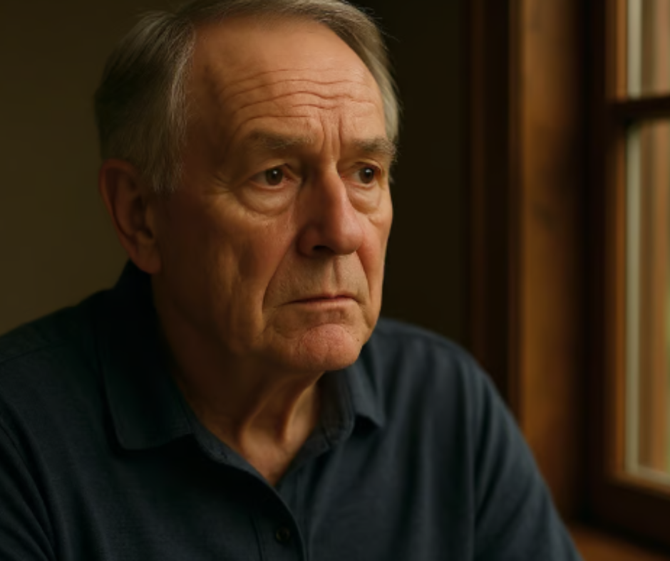 Homem de camisa azul olhando para a câmera