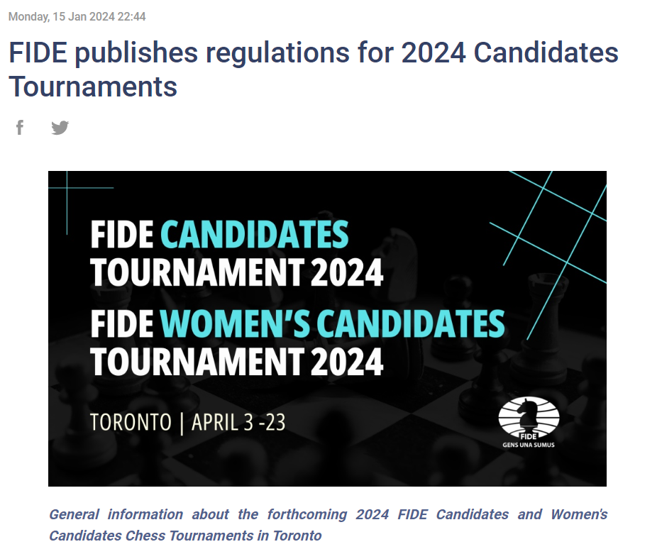 FIDE publishes regulations for 2024 Candidates Chess Tournaments. FIDE Chess.