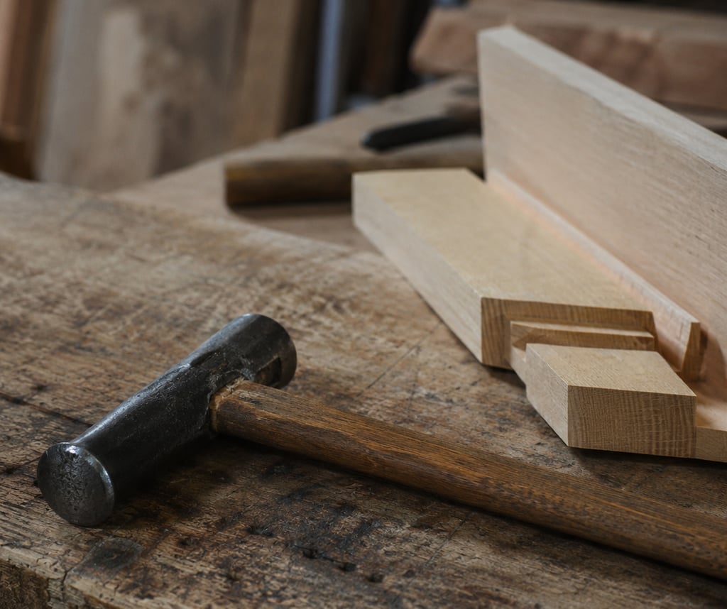 Traditional metal hammer on a rustic wooden workbench with timber joinery for carpentry projects.