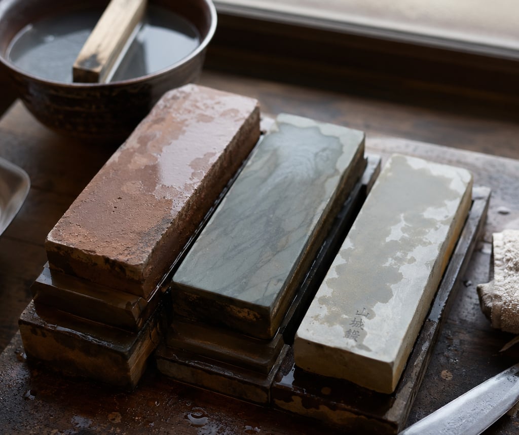 Professional Japanese whetstones in various grits for sharpening a kitchen knife on a wooden workbench.