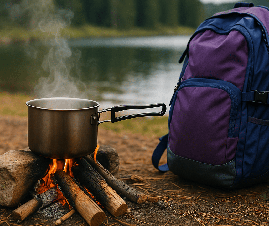 Metal pot boiling water on campfire by forest lake, wilderness cooking and water purification during survival