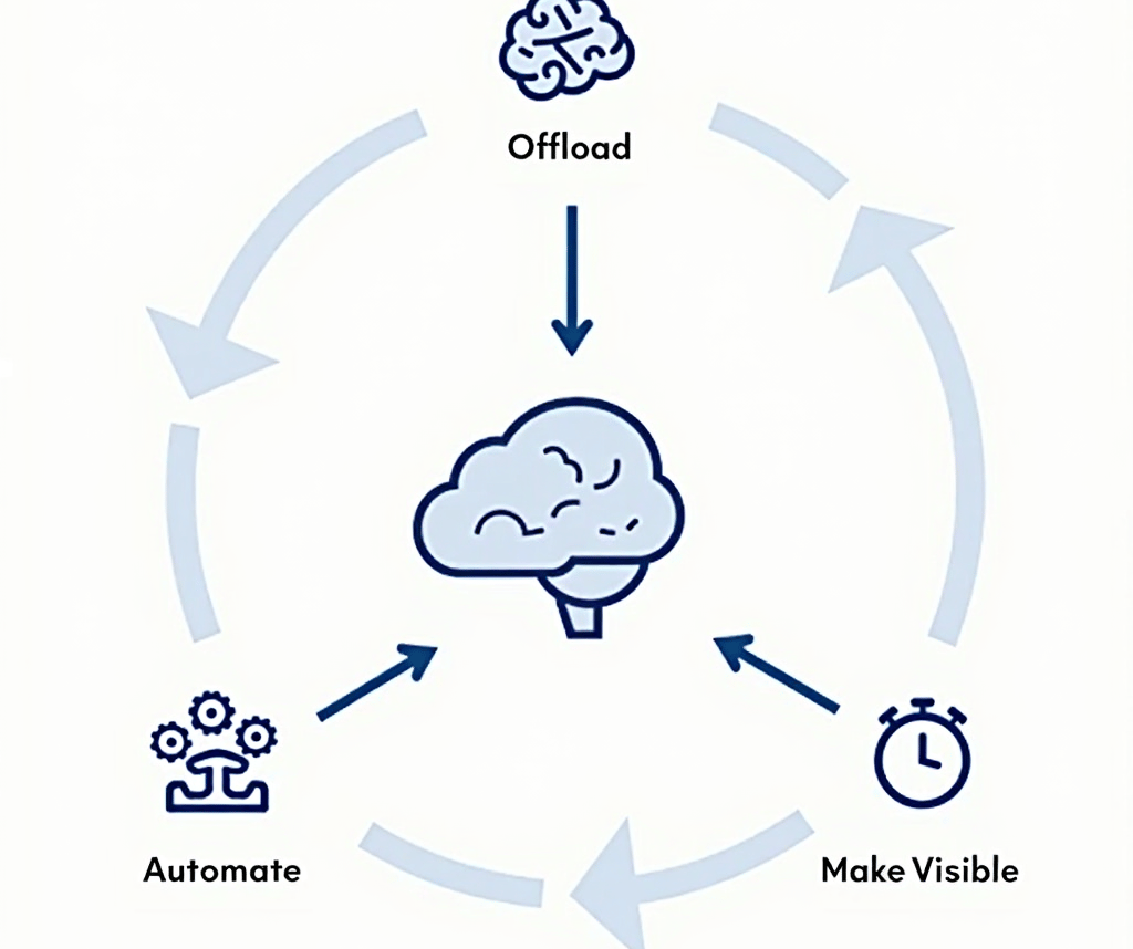 ADHD digital scaffolding infographic showing offloading, automation, visibility.