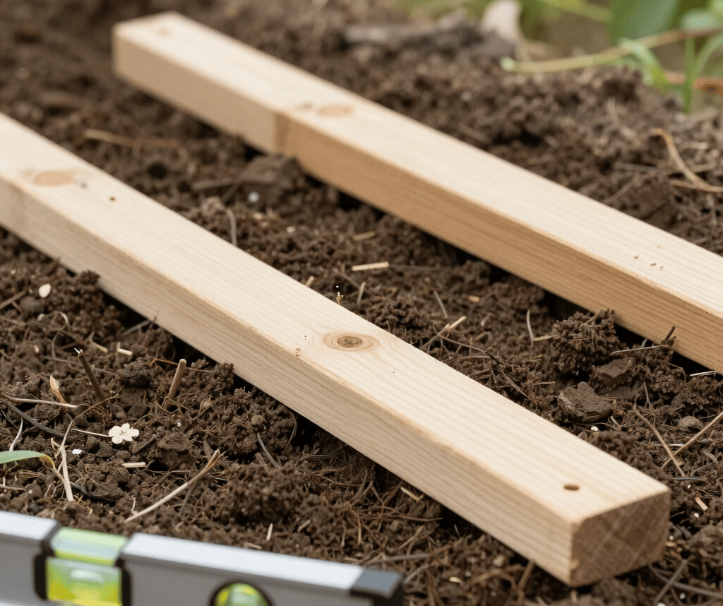 Leveling garden soil with wooden beams and a spirit level to prepare an even surface for turf or gra