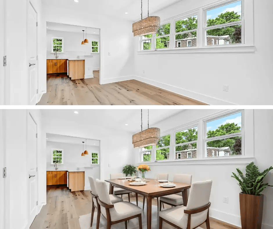 Before and after virtual staging of a dining area
