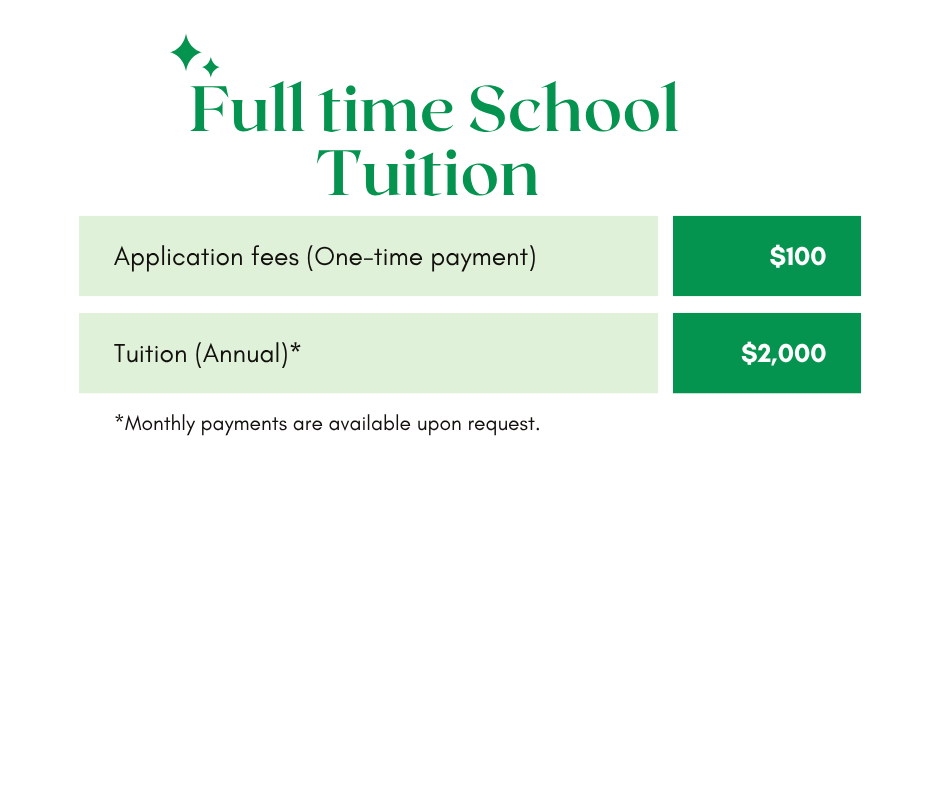 Full-time school tuition breakdown showing $100 application fee and $2,000 annual tuition rate.