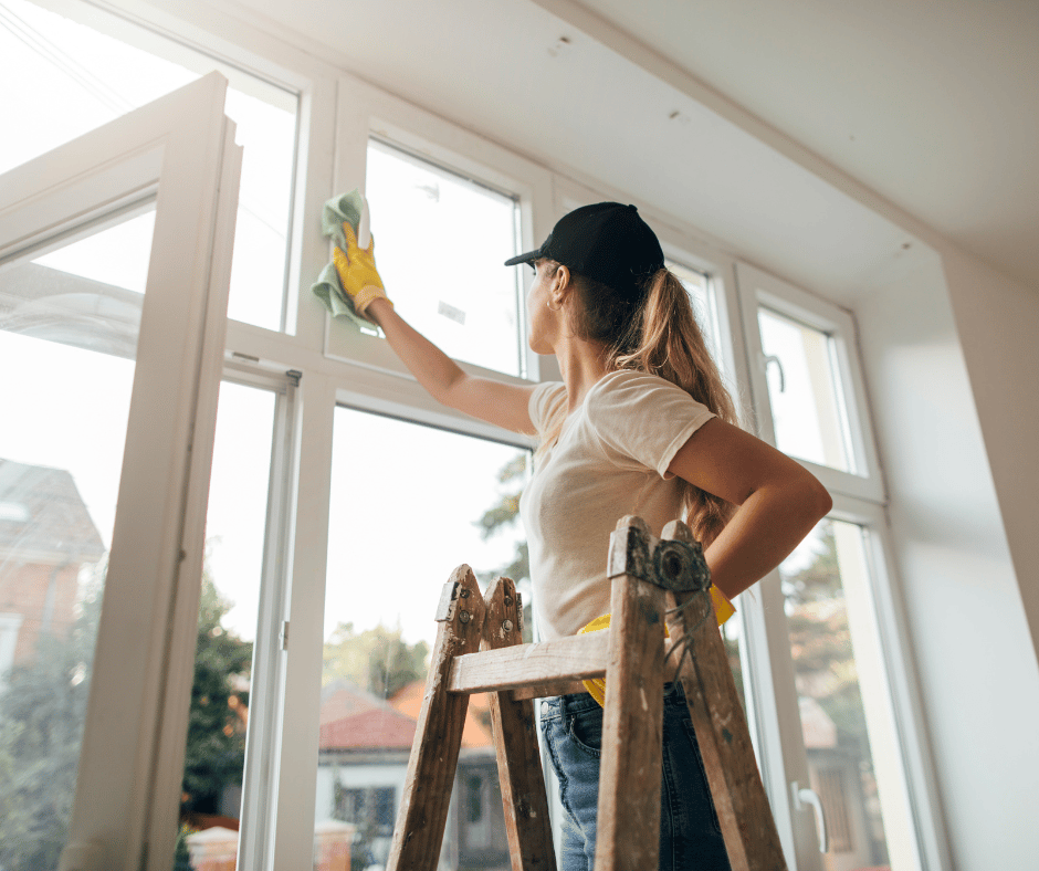 Femme de ménage nettoyant les fenêtres