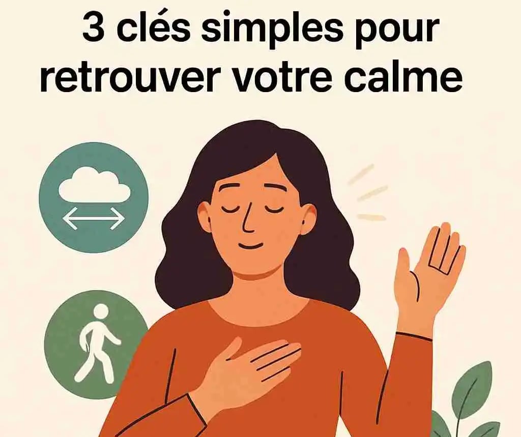Femme yeux fermés, main gauche en l'air en signe de stop et droite sur le coeur en signe de calme 