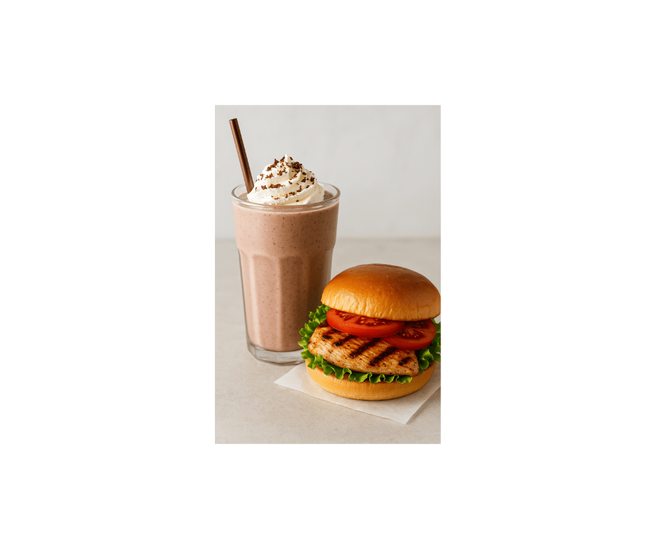 Grilled chicken sandwich with a chocolate shake.