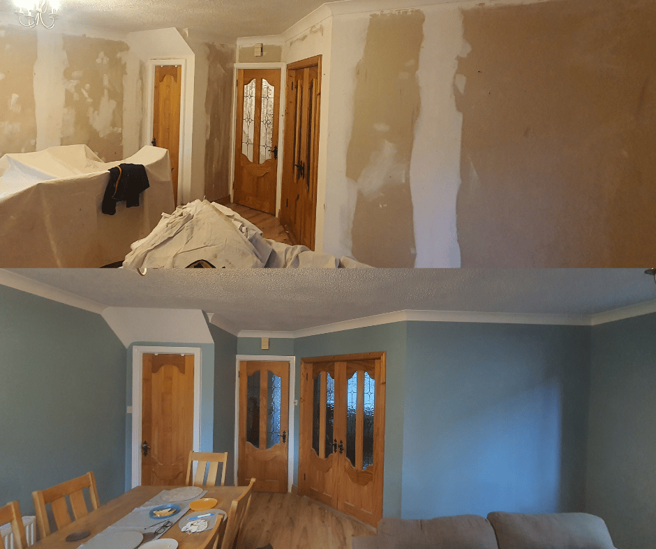 Before and after comparison of a living room renovation featuring fresh blue paint and plastered walls.