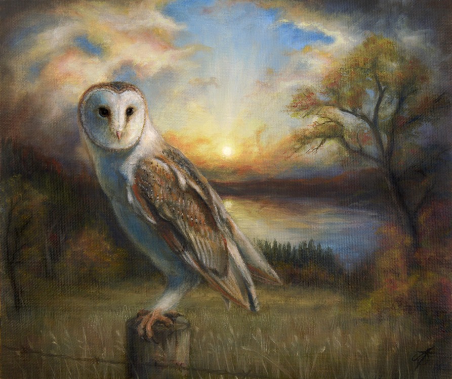 Oil painting of a barn owl perched on a post at sunset over a scenic lake landscape.