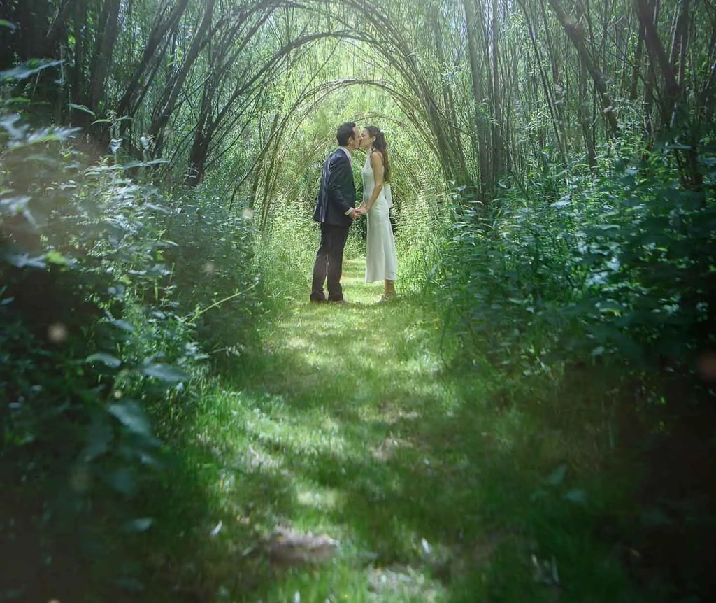 Newlywed couple sharing a kiss under a natural green willow archway in a sunlit garden forest.
