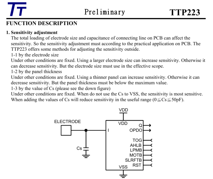 Parte Manual TTP223 referente a FUNCTION DESCRIPTION - Sensitivity adjustment