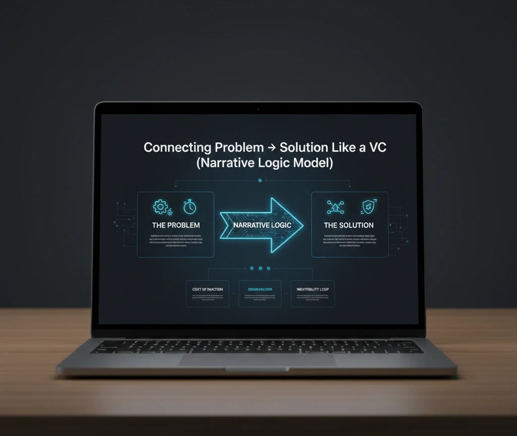 A laptop screen displaying a business infographic titled "Connecting Problem → Solution Like a VC" u