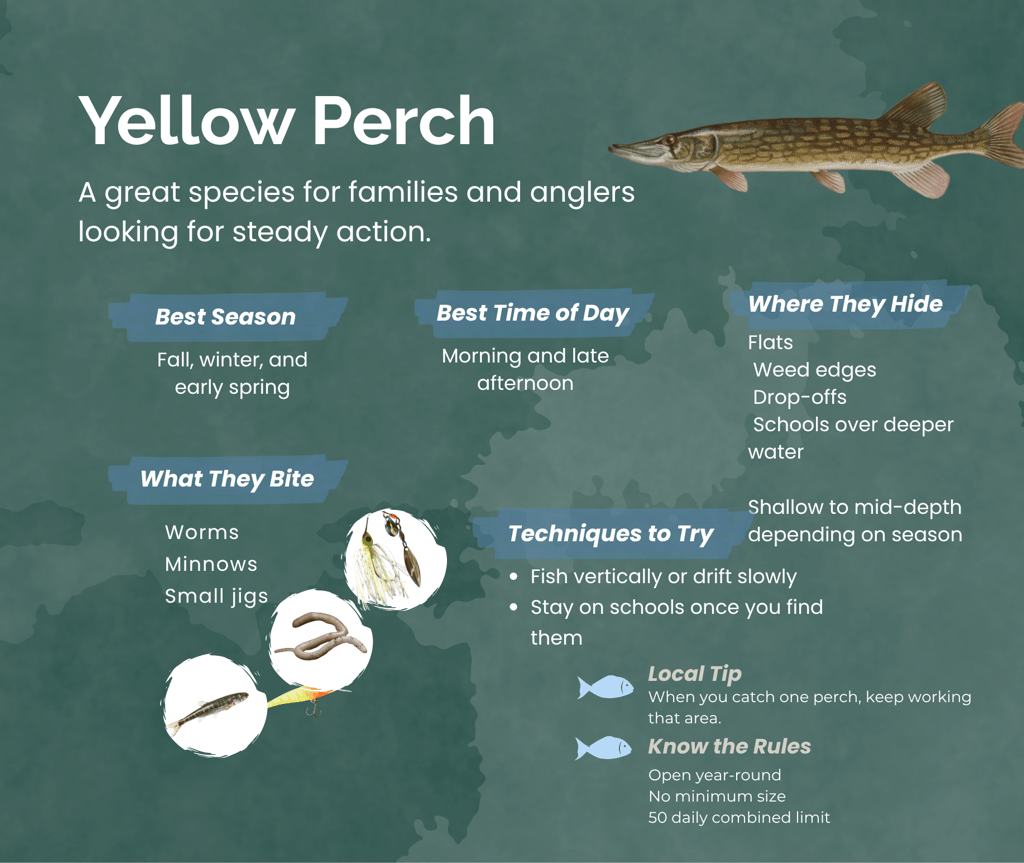 Yellow perch fishing guide infographic with tips on bait, season, and locations.