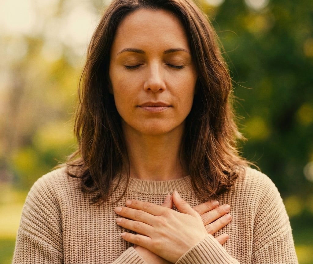 InnerLoom Life Coaching: Women warm nature setting, grounding herself, finding clarity and peace