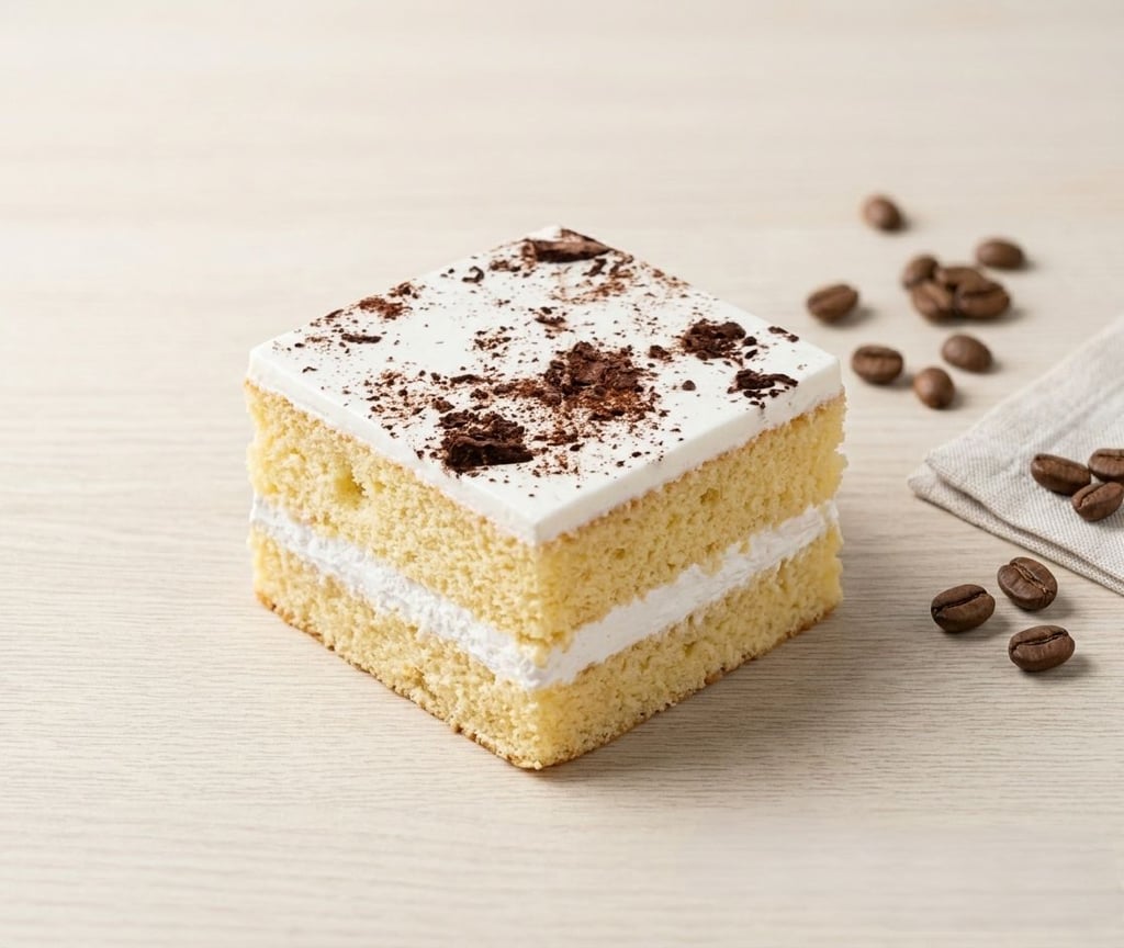 Square slice of vanilla sponge cake with white frosting and cocoa powder topping near coffee beans.