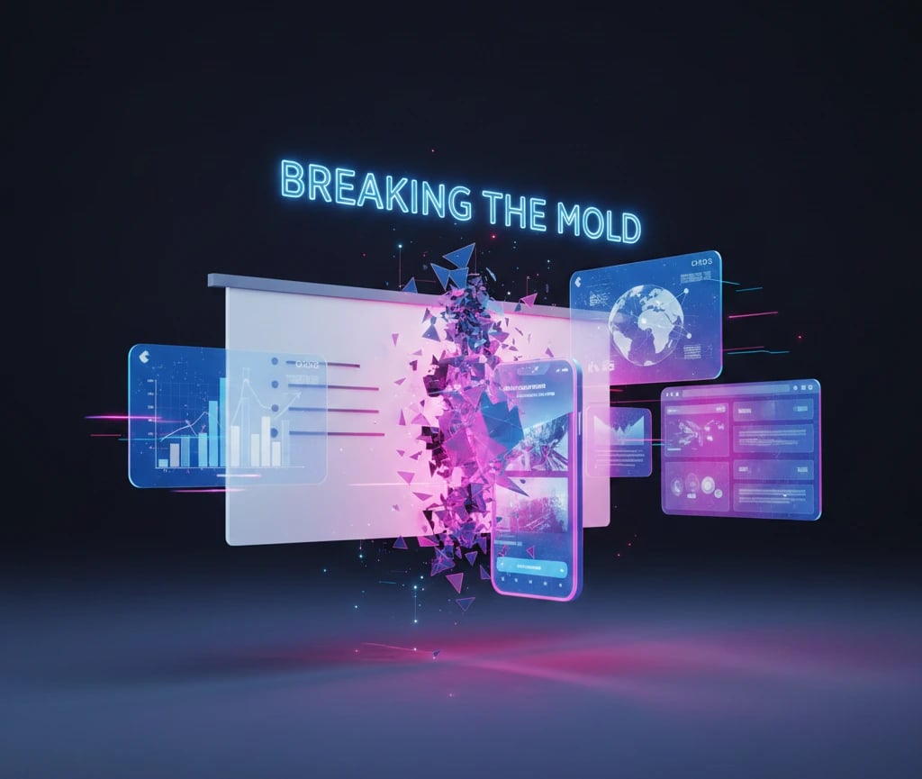  Futuristic digital art featuring a shattering interface with the text "BREAKING THE MOLD" and glowi