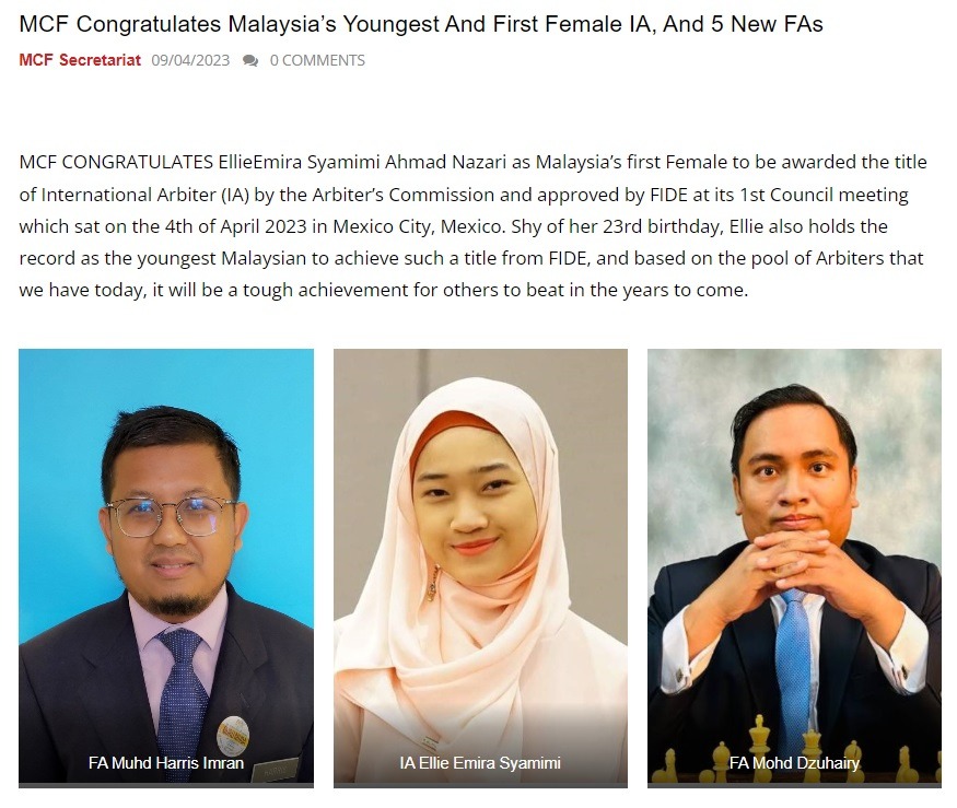 Malaysian Chess Federation congratulates Malaysia's First Female International Arbiter Ellie Emira