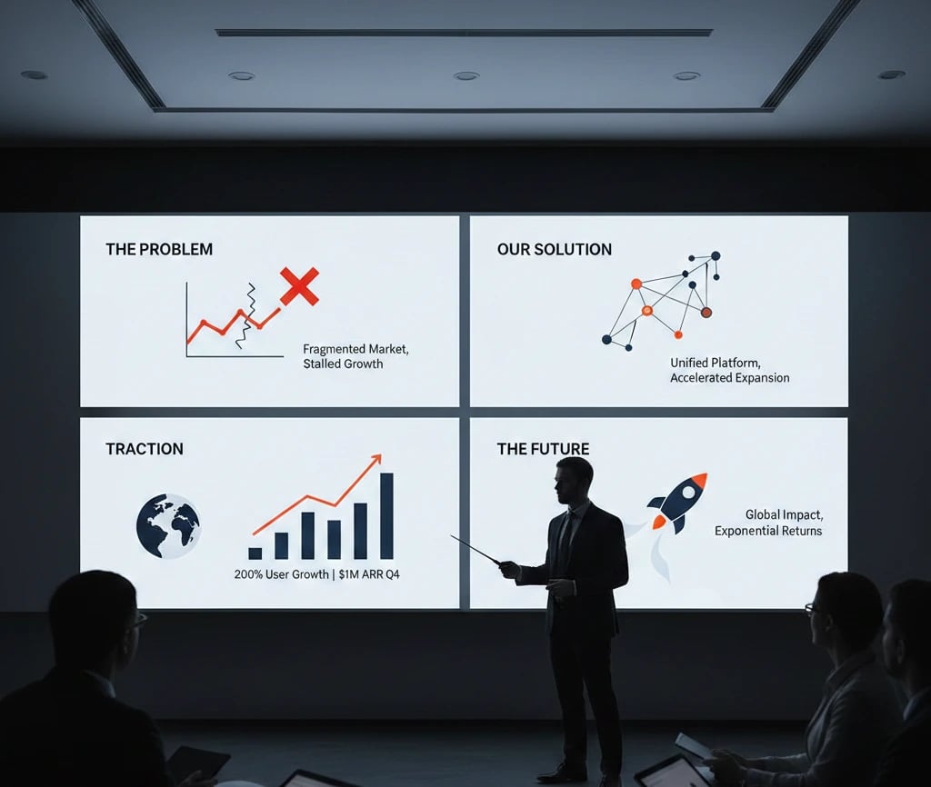 Visual storytelling and minimalist pitch deck design for high-growth venture capital pitches.